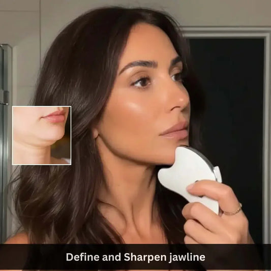 Woman using facial sculpting tool on jawline for contouring and skin tightening
