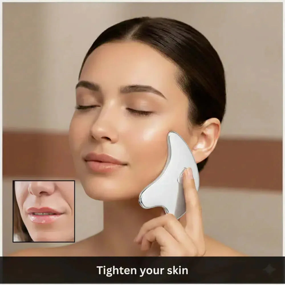 Woman using facial massage tool on cheek for skin tightening and natural skincare