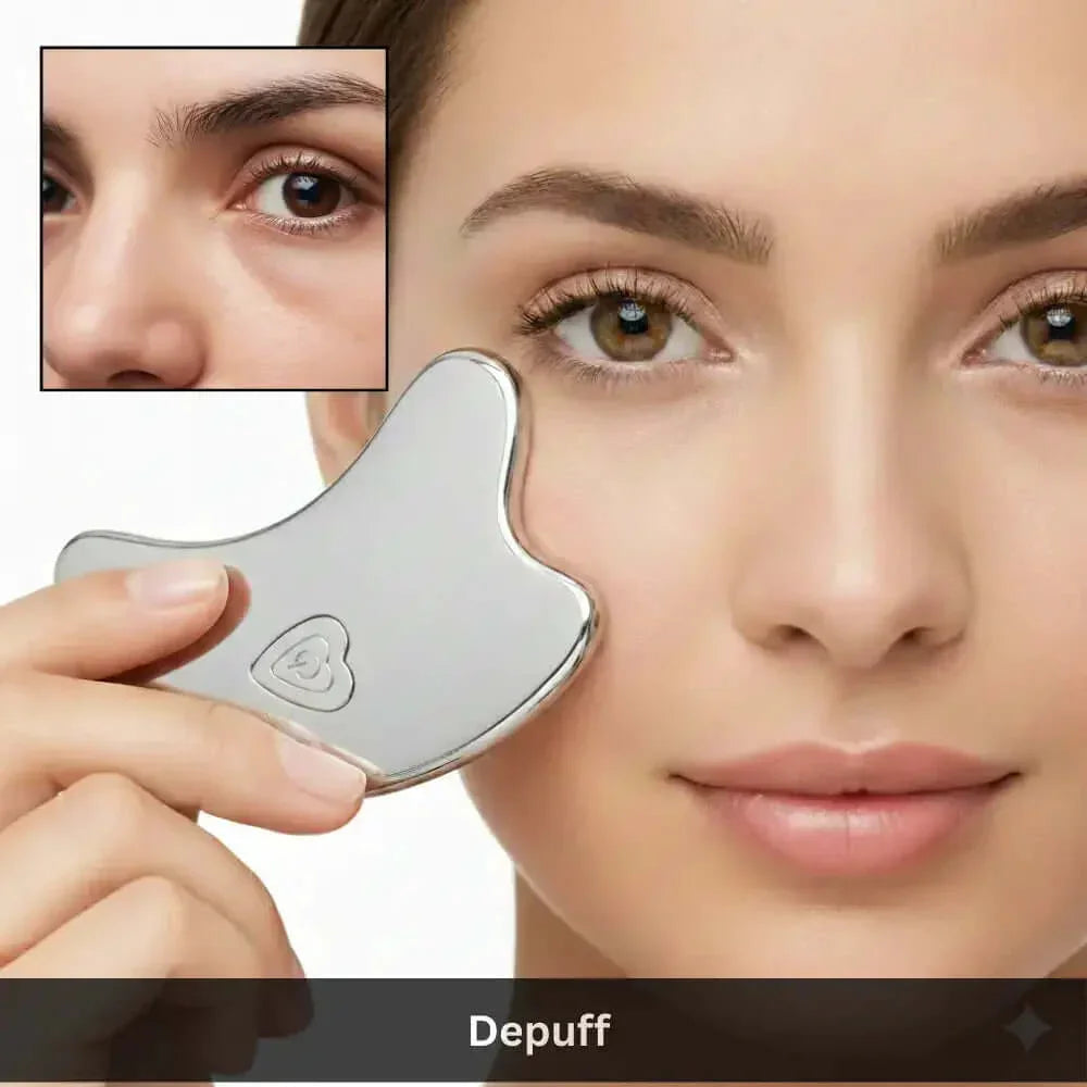 Woman using facial massage tool under eye for depuffing, skincare close-up