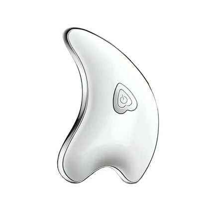 White facial massage tool with curved design and power button, skincare device