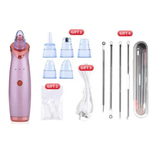 Rose gold blackhead vacuum with suction heads, USB cable, extraction tools and case